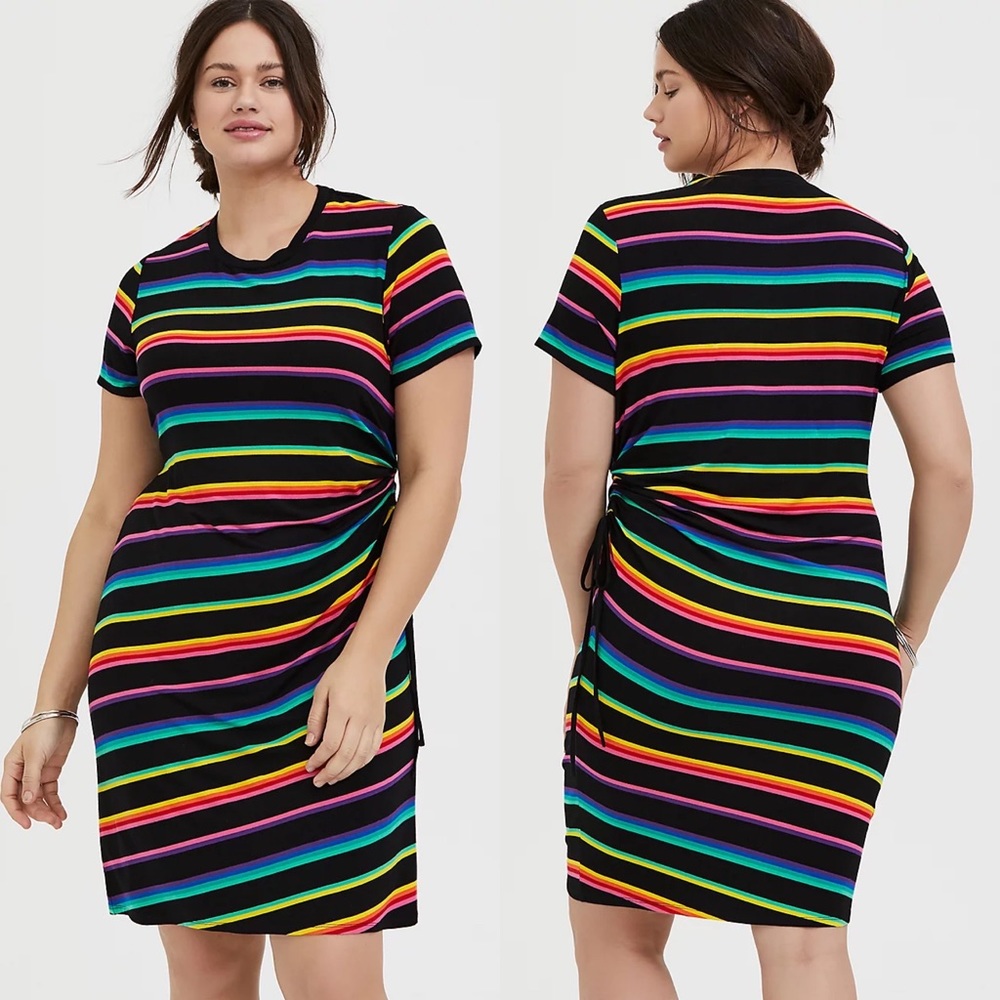 Torrid Celebrate Love Black and Rainbow Striped Cinch Drawstring T-Shirt Dress